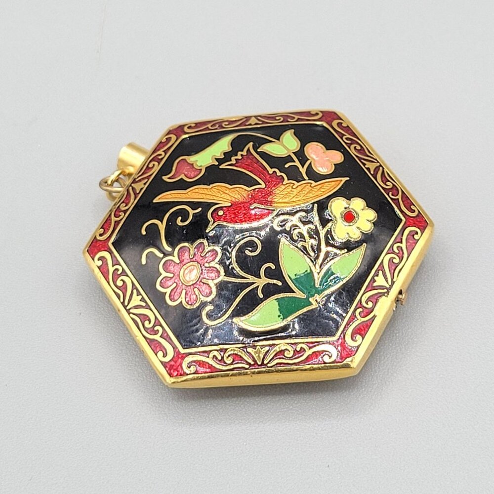 Cloisonne Pendant Colorful Bird Flowers Floral Scrollwork Edge Hexagonal Shape - Picture 2 of 4